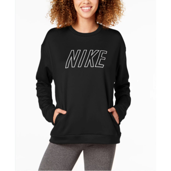 Nike Sweatshirt Women XS Extra Small Black Therma Fleece Training Crew Neck Logo - Picture 14 of 15